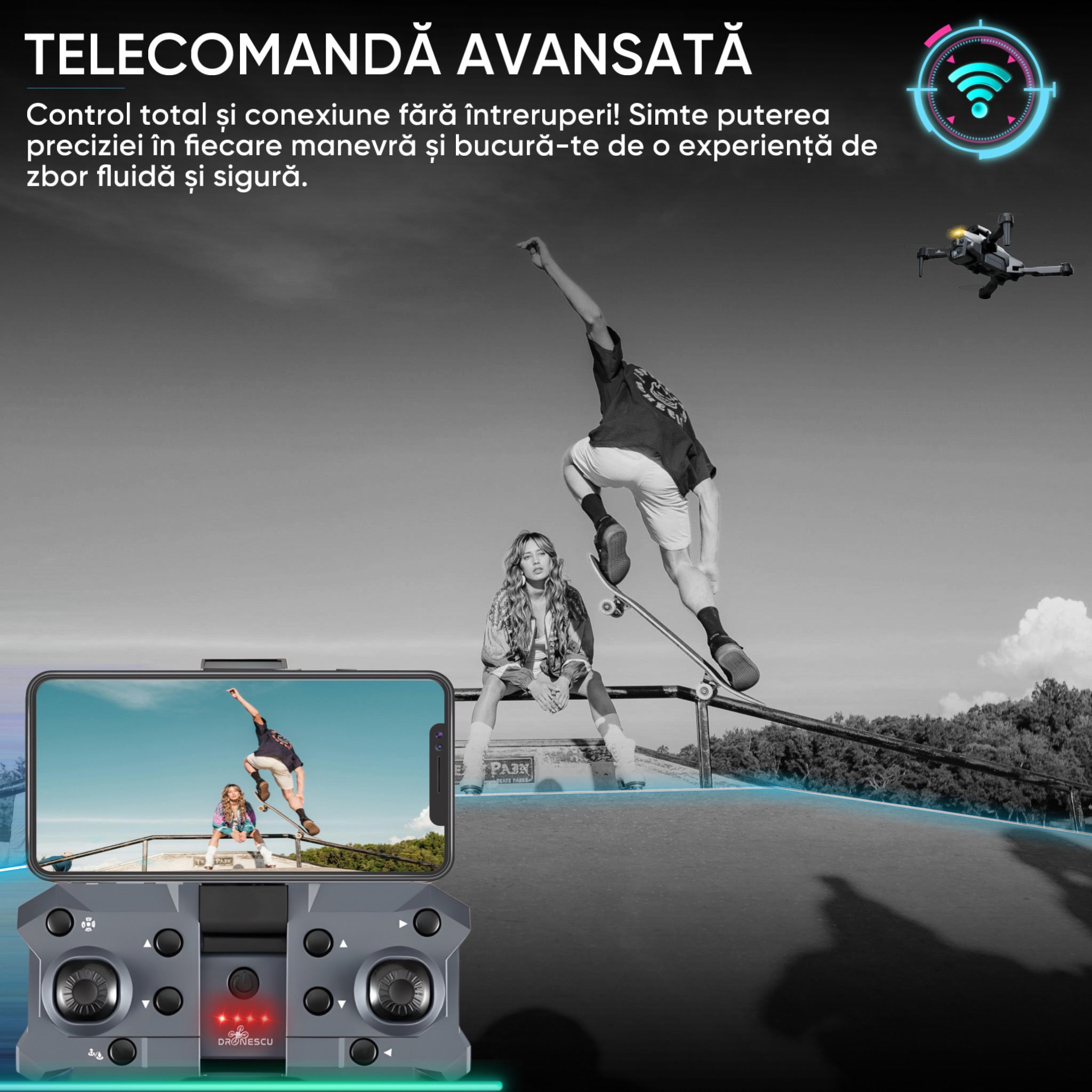 Drona inteligenta, Dronescu IFAero, Cu 3 camere, Evitare obstacole 360°