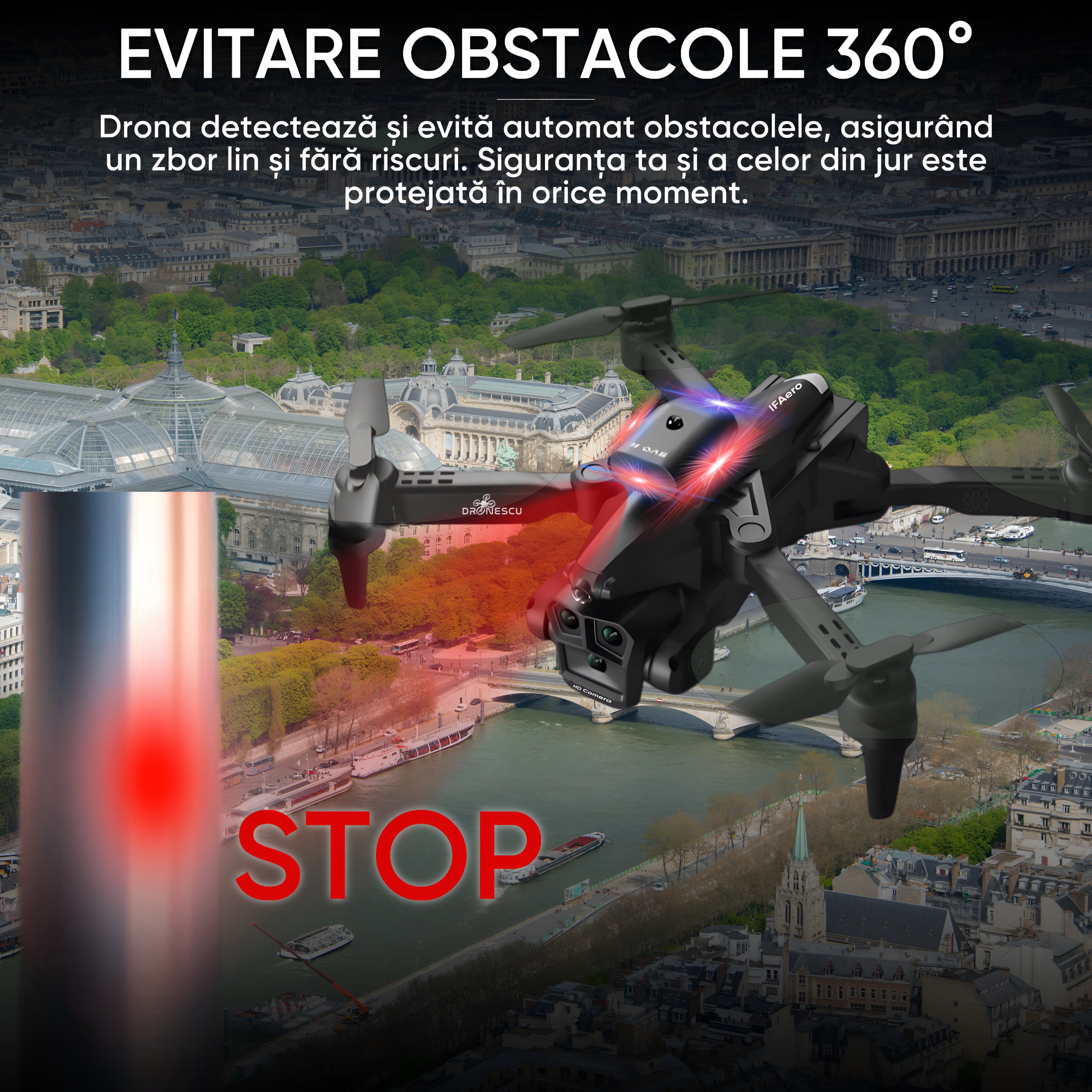Drona inteligenta, Dronescu IFAero, Cu 3 camere, Evitare obstacole 360°