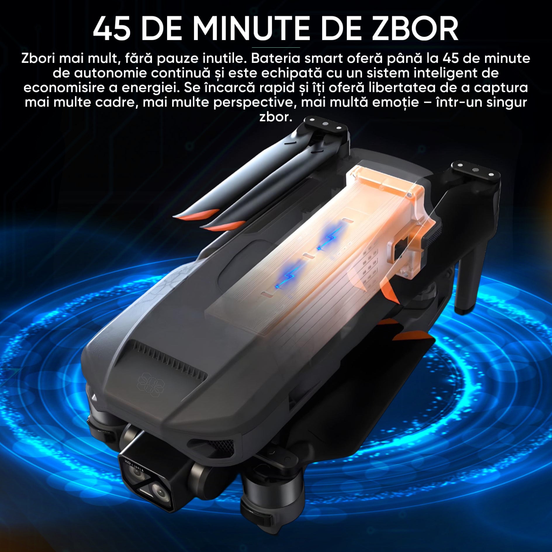 HexaCraft Aerovex – Drona profesionala cu camera 360 pe gimbal 3 axe, 45min zbor, ecran 5.5 inch, GPS si raza 10km
